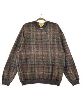 Vintage Tricots St Raphael Sweater Men's Large Brown Plaid Merino Wool Crewneck